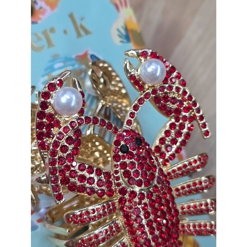 🔹️NWT Red Rhinestone & Faux Pearl Lobster Metal Hair Claw Clip - Picture 4 of 9